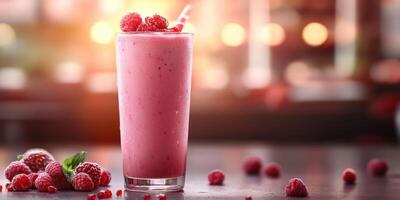 Refreshing raspberry smoothie in a glass garnished with fresh berries and mint leaf on a wooden table photo