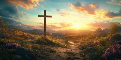 Scenic sunset landscape with wooden cross and vibrant flowers in a tranquil valley photo