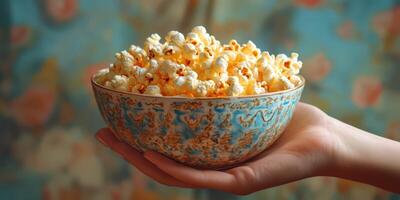 Hand holding a decorative bowl filled with freshly popped popcorn against a colorful backdrop photo