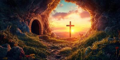 Sunrise at the entrance of a historical cave with a cross and lush greenery in a serene landscape during early morning hours photo