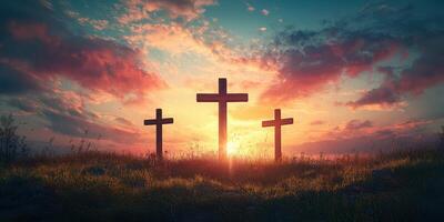 Sunset silhouettes of three crosses marking a serene landscape at dusk photo