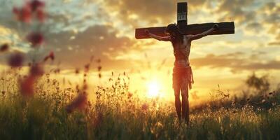 Sunset silhouette of a figure on a cross in a serene field with flowers at dusk photo