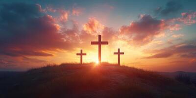 Sunrise over three crosses on a hilltop, symbolizing hope and faith during dawn photo