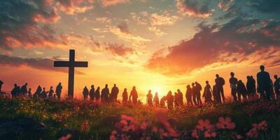 Gathering at sunset near a cross surrounded by wildflowers symbolizes hope and reflection in a serene landscape photo