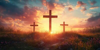 Sunset illuminates three crosses amidst a vibrant sky, symbolizing hope and reflection in a serene landscape photo