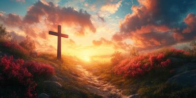 Sunrise over a serene meadow with a wooden cross and vibrant flowers in a peaceful landscape photo