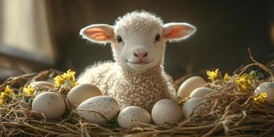 Cute lamb sitting among eggs and flowers in a cozy nest during springtime photo