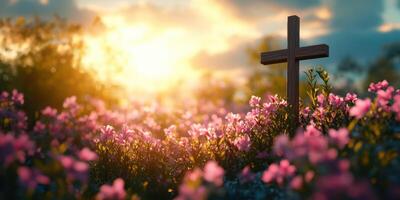 Serenity of a sunset over vibrant flowers with a wooden cross in a peaceful garden setting photo