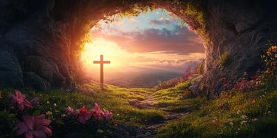 Sunrise illuminating a serene cave with a cross surrounded by flowers and lush greenery at dawn photo