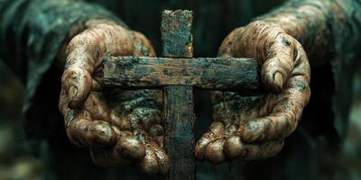 Hands holding a weathered wooden cross covered in dirt during a solemn outdoor setting photo
