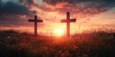 Beautiful sunset over a serene graveyard with crosses silhouetted against vibrant sky photo