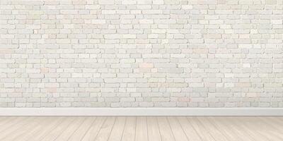 Empty room with old white brick block wall and whitewashed wooden floor fade condition graphic illustration have blank space. vector