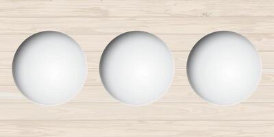 Three of 3D circle frame paper cut style with cut timber panels whitewashed fade condition background graphic illustration have blank space. vector
