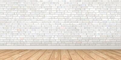 Empty room with old white brick block wall and whitewashed wooden floor graphic illustration. vector
