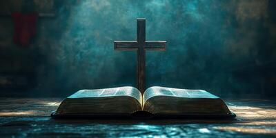 Cross and open Bible illuminated by soft light in a serene atmosphere emphasizing faith and spirituality photo