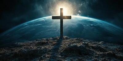 Cross at sunrise on a distant planet, symbolizing hope and faith in the universe's vastness photo