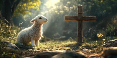 Cute lamb gazes thoughtfully at a rustic wooden cross in a serene forest during golden hour photo