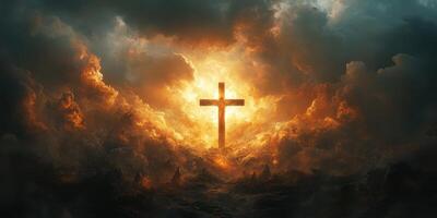 Powerful light emanates from a cross in a dramatic sky filled with clouds at sunset photo