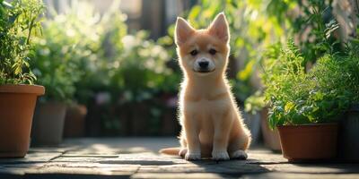 Adorable puppy sits among lush green plants in a bright garden setting during daylight hours photo