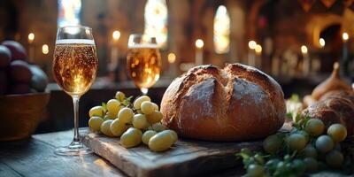 Bread, grapes, and sparkling beverages arranged elegantly in a candlelit dining setting photo