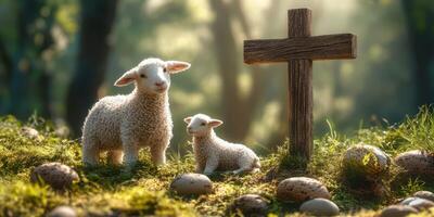 Nature scene with sheep and cross, highlighting peace and spirituality in a forest setting photo