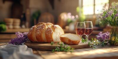 Freshly baked bread on a wooden board with glasses of wine and lavender in a cozy kitchen setting photo