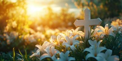 White lilies bloom around a stone cross during sunset in a peaceful garden setting photo