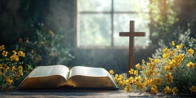 Open Bible with Yellow Flowers and Cross in Soft Light Inside an Old Room at Morning photo