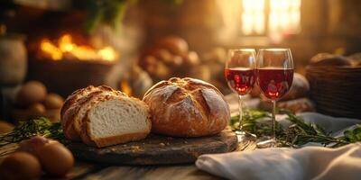 Freshly baked bread and red wine await guests in a warm, rustic setting during a cozy evening photo