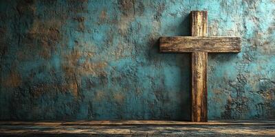 Wooden cross stands against a textured blue wall in a quiet interior space photo
