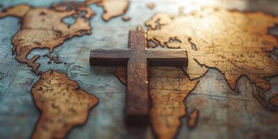 Wooden cross placed on an antique map of the world with warm sunlight highlighting countries and oceans photo