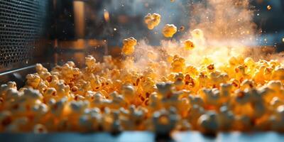 Popcorn bursts from the machine creating a cloud of steam in a kitchen setting during a movie night preparation photo