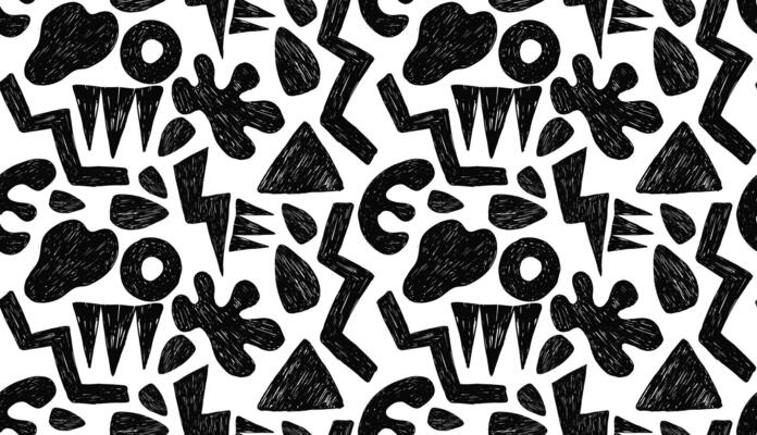 Abstract seamless pattern with bold groovy geometric bizarre shapes in trendy crayon drawing style. Bold pencil abstract shapes.