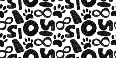 Black seamless pattern with bold groovy geometric bizarre shapes in trendy crayon drawing style. Bold pencil abstract shapes. vector