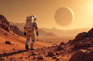Astronaut obscure stand on ground planet and looking large satellite space photo