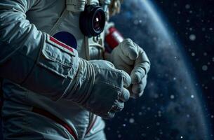 Astronaut spacesuit outer space flies zero gravity close up hands photo