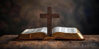 Open Bible with Wooden Cross Symbolizing Faith and Spirituality in a Quiet Setting photo