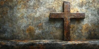 Rustic cross on a worn stone altar against a textured wall capturing a sense of solemnity and heritage in a dimly lit space photo