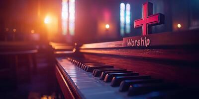 Piano in a dimly lit church with a red cross and worship sign during an evening service photo