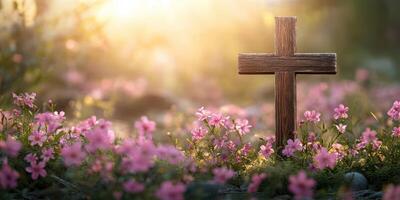 Wooden cross surrounded by pink flowers in a serene garden during golden hour photo