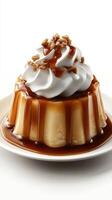 Creamy caramel dessert topped with whipped cream and crumbles, perfect for any celebration photo