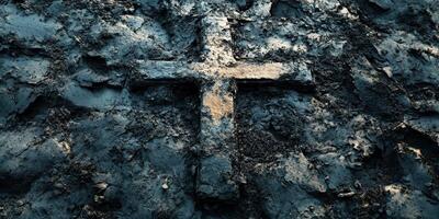 Cross embedded in dark earth surrounded by rough texture and shadows during a quiet moment in nature photo