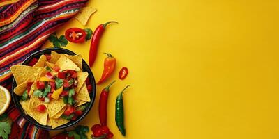 Colorful nachos with fresh salsa and peppers arranged on a bright yellow background photo