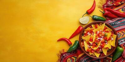 Delicious nachos served with fresh toppings and colorful peppers on a vibrant yellow background photo