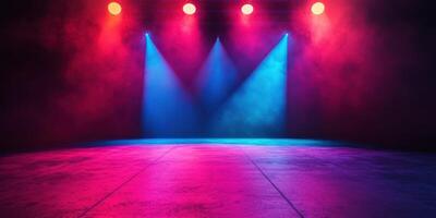 Colorful stage lights illuminate an empty performance area with vibrant hues before a show begins at night photo