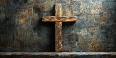 Wooden cross displayed against a textured wall in a serene and reflective environment photo