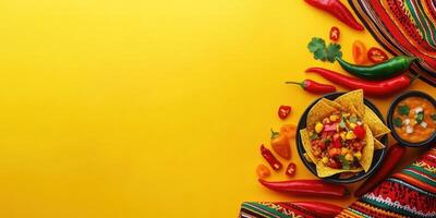 Colorful nachos served with fresh salsa and chili peppers on a bright yellow background photo
