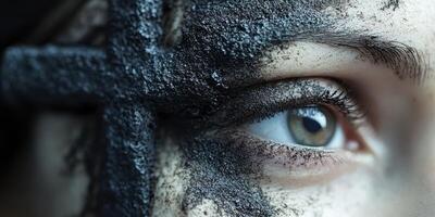 Artist portrays emotion through painted face in a striking close-up captured at a dramatic artistic event photo