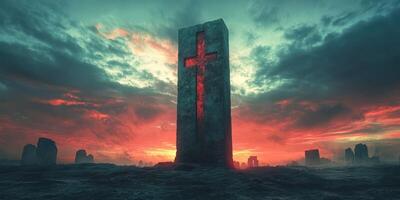 Tall stone monument bearing a glowing cross stands against a dramatic sunset in a desolate landscape photo
