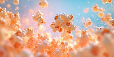 Colorful popcorn kernels floating against a dreamy, blurred background with a whimsical feel photo